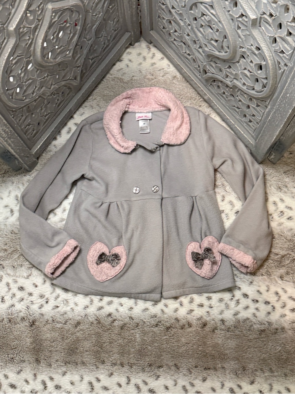 Little Lass gray pea coat girls size 6 pink faux fur velvet bow school winter